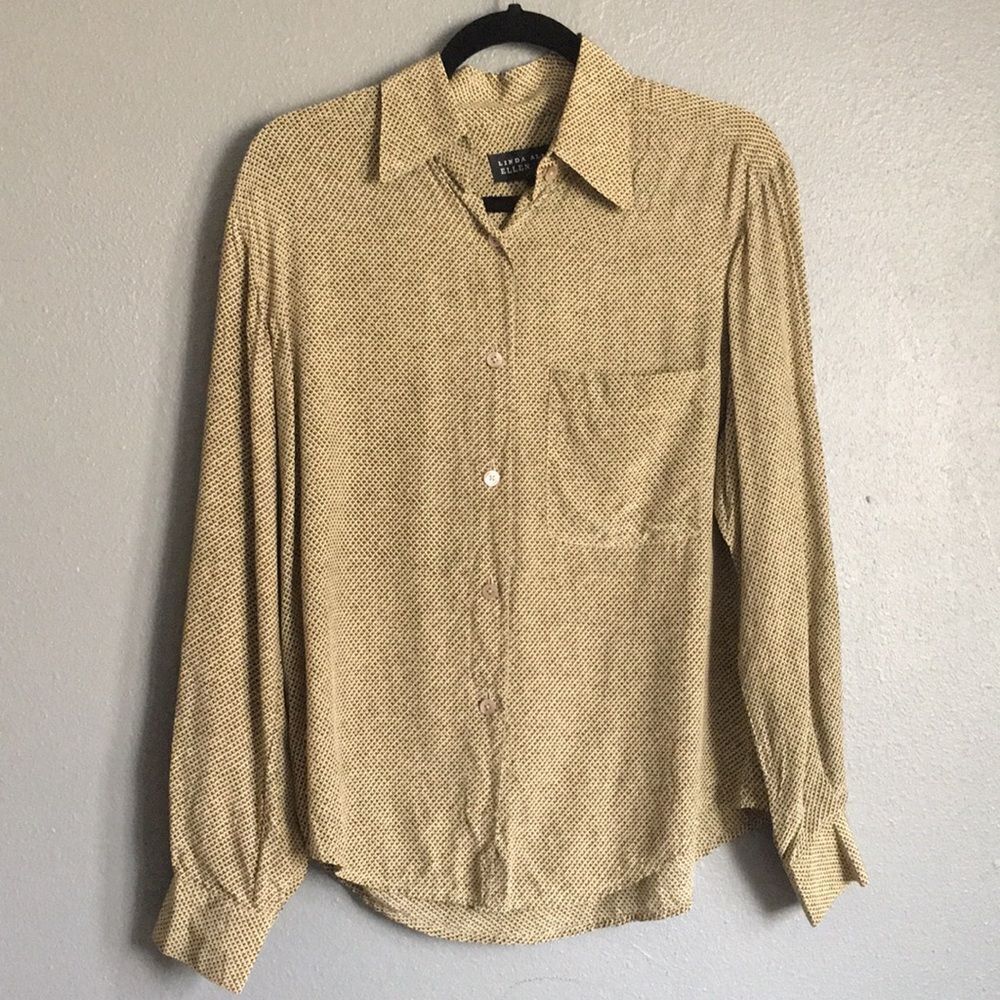 Linda Allard Ellen Tracy • Tan and Black Silk Button Down Size 10